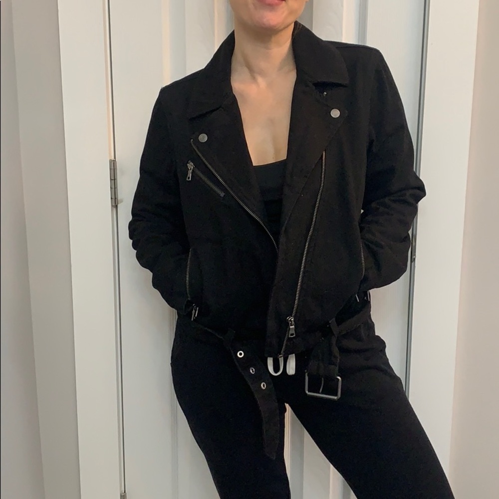 Black denim motorcycle jacket